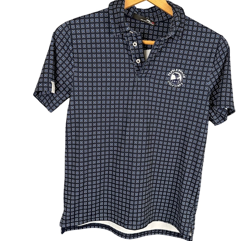 RLX Ralph Lauren Pebble Beach Golf Polo Navy Blue Geometric Square Mens Small